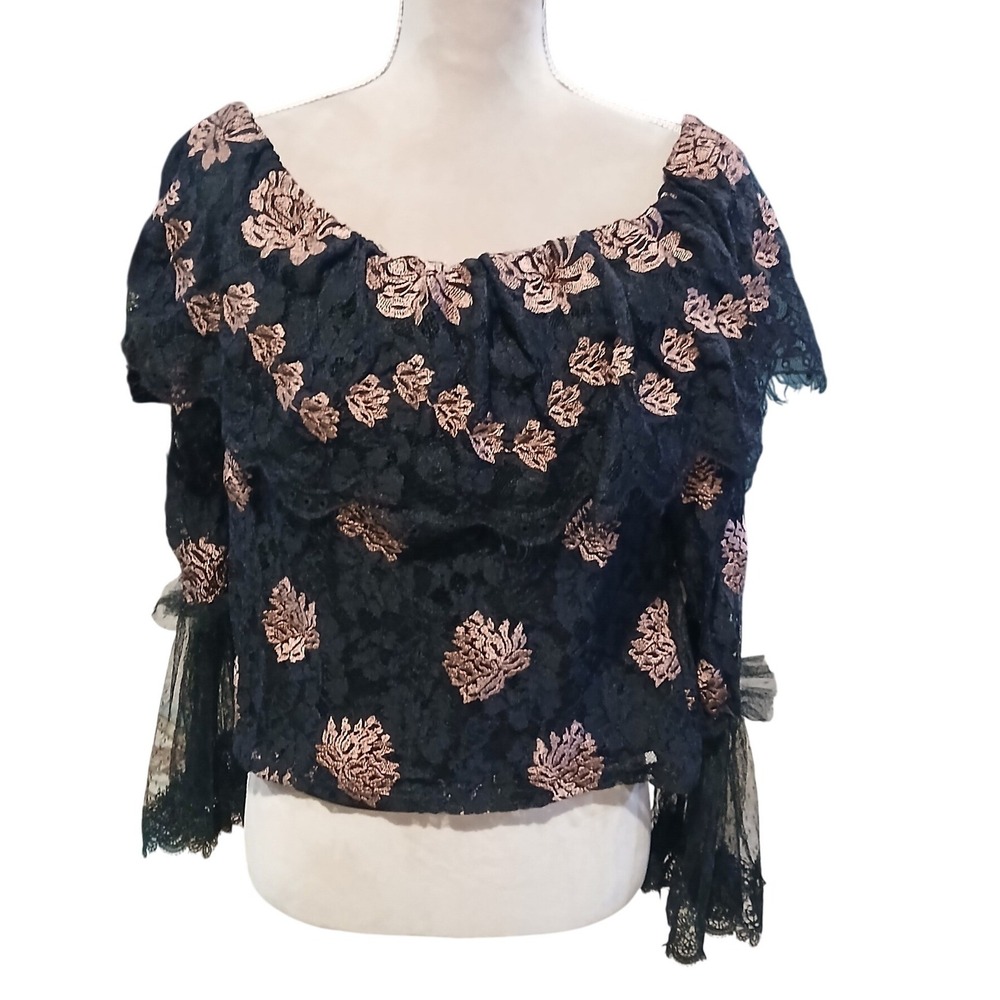 Adiva Womens Black Lace Off Shoulder Embroidered Floral Bell Sleeve Top Small